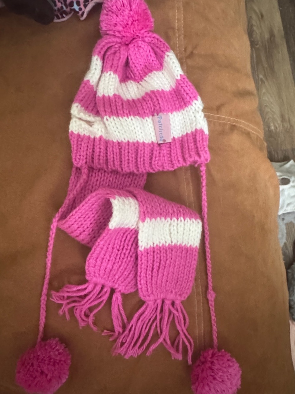 Doggie Pink & White Striped Pom Pom Hat and Scarf Set